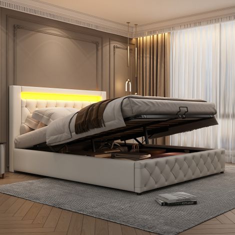 Letto imbottito 140 x 200 cm, letto funzionale con rete a doghe e vano contenitore, con illuminazione a LED, con funzione contenitore, bianco, PU (1/5)