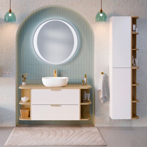 Mueble de lavabo de 120cm con nichos redondeados y columna Oria Blanco mate (1/5)
