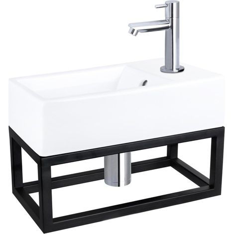 Differnz Force kit lave-mains - 40x22x11.5cm - Rectangulaire - 1 trou de robinet - Robinet chromé droit - avec cadre noir - Céramique blanche (1/5)