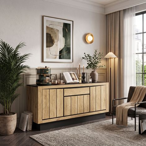 Creahappy Enfilade Buffet 140x40x60 cm - Rangement Salon et Salle à Manger - 4 Portes et 1 Tiroir - Finition Chêne et Noir Contemporain