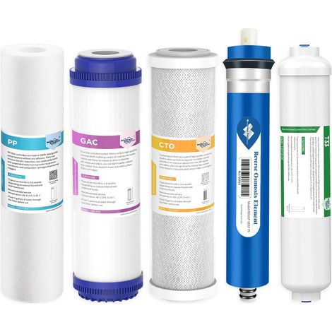 Filtres à osmose inverse universels à 5 étages, Avec membrane RO 75 GPD, kit de 5 filtres de remplacement pour système d'osmose à 5 étages (1/5)
