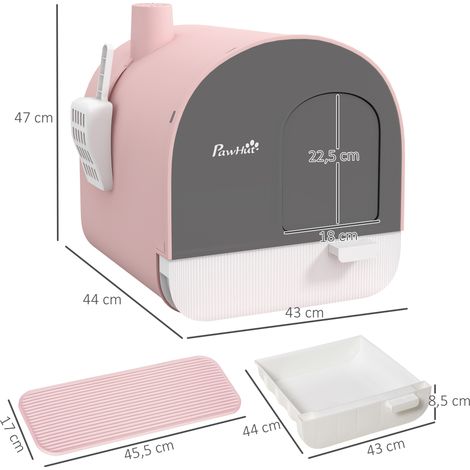 Bac à litière pour chat avec couvercle, pelle à litière, tapis anti-salissures, en plastique, rose et noir (1/5)