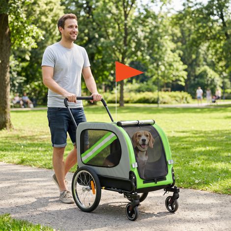 Remorque vélo 2 en 1 pour chien, poussette pliable pour animaux avec ceinture de sécurité et réflecteurs, verte (1/5)