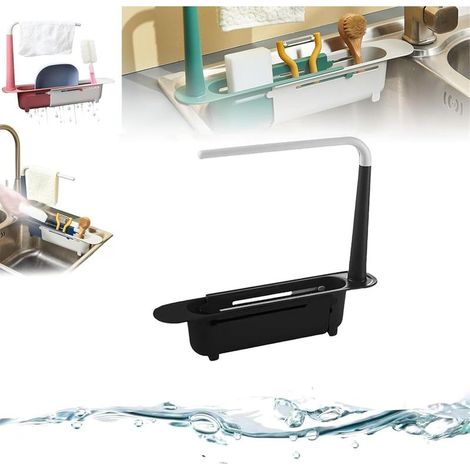 Noir,Porte Eponge Evier Cuisine,Organisateur D'évier Télescopique, égouttoir à Ustensiles Suspendu, Porte Eponge Evier Amovible Rangement Range,Rangements sous évier pour Placer Chiffons, Éponges (1/5)