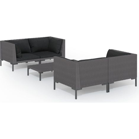 5 PCS conj. Garden Lounge con cojines de mimbre gris oscuro (1/5)