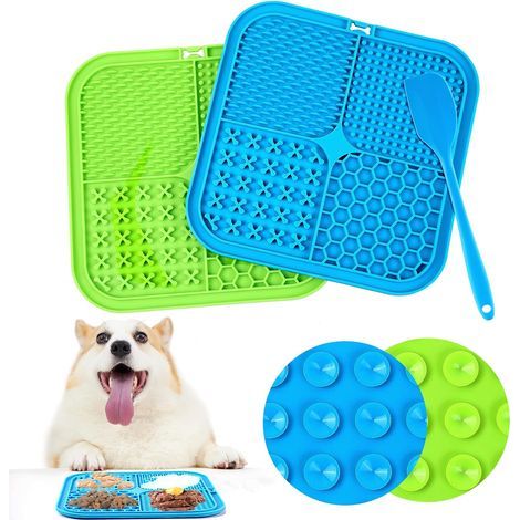 Tapis de Lèche Chien, 2Pcs 20x20cm Tapis Lécher pour Chien avec 1 Spatule Silicone, sans BPA Tapis de Lechage pour Chat avec Ventouse pour Bain, Entraînement, Toilettage (Bleu+Vert) (1/5)