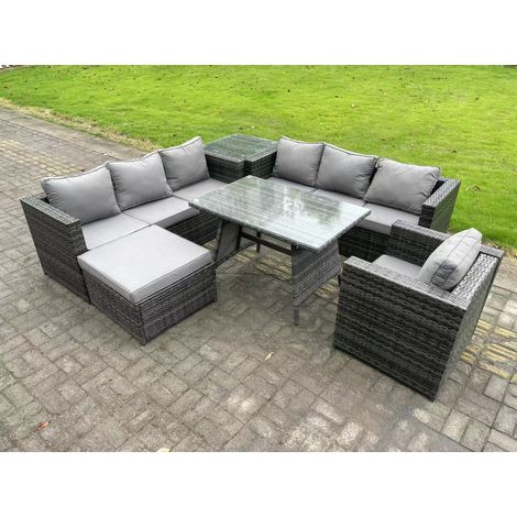Fimous 8 places Ensemble de canapé en rotin extérieur avec Table à manger Fauteuil Grand tabouret Table d'appoint Gris foncé mixte (1/5)
