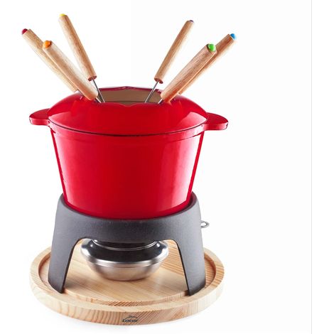 Lacor- 71711 - Set Fonduta di Ghisa Smaltata, Supporto in Ferro con base in Legno, Adatto per Induzione, 6 tenori, Ø 16,5x10cm (1,7 litri),Rosso (1/5)