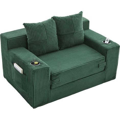 Canapé-lit double en velours côtelé vert avec 2 coussins, porte-gobelets et poches MODENUIT (1/5)