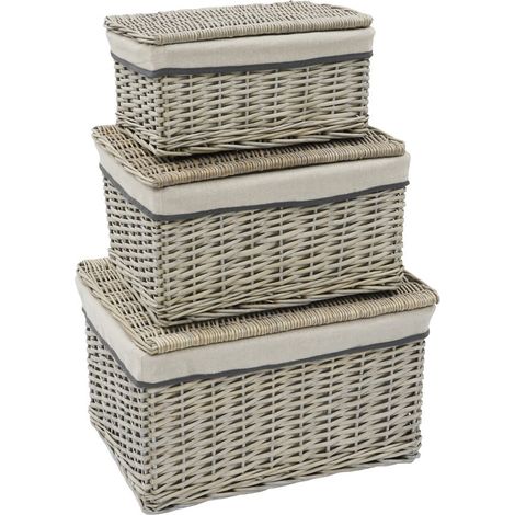 Arianna Rectangular Willow Hamper Basket, Set of 3, Grey Wash