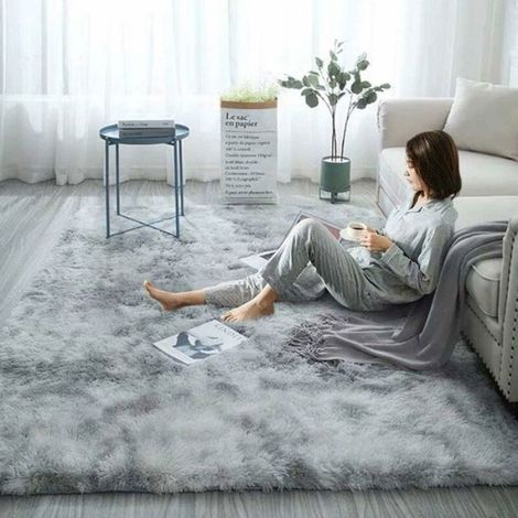 Tapis Fausse Fourrure - 160 x 120 cm - Antidérapant Arrière - Pour Salon Chambre Bureau - Gris Clair (1/5)