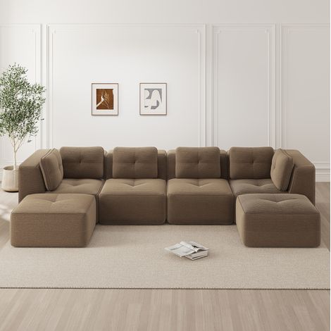 Divano angolare modulare a U con ottomana, 386 x 177 x 69 cm, in velluto a coste marrone HAVRYA (1/5)