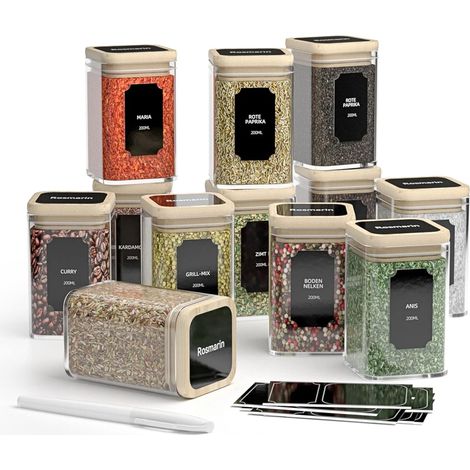 Set de pots à épices carrés -12x200ml, bocal epices verre avec couvercle en bambou, bocaux de stockage en verre hermétiques avec étiquettes et marqueurs, bocaux pour conserver les épices herbes (1/5)
