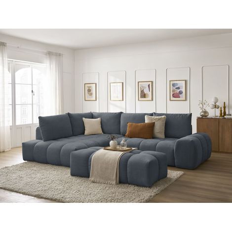 BOBOCHIC - Canapé d'angle L convertible coffre EVEREST tissu texturé avec pouf Angle gauche Bleu foncé (1/5)