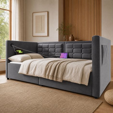 Sofá cama 90x190 cm de terciopelo gris con USB, ahorra espacio, sin colchón -FLORAGRACE (1/5)