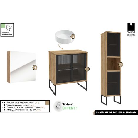 Ensemble complet de salle de bain - Meuble - Colonne - Miroir - Vasque avec Siphon OFFERT NOMAD OAK 70 x 80 x 43 cm (1/5)