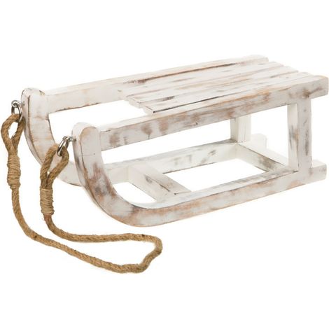Deko Holz Schlitten in shabby weiß - 40 cm - aus Mango Holz mit Sisal Seil