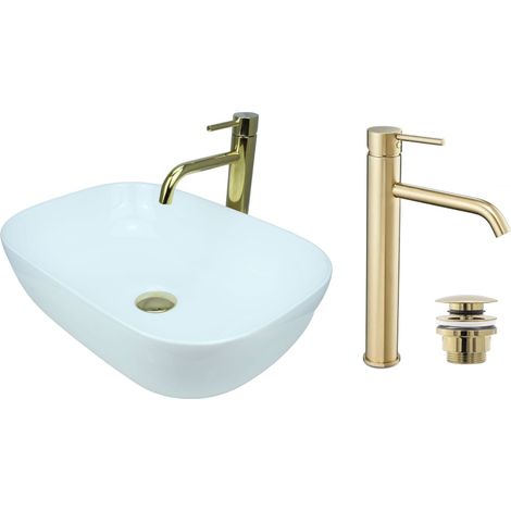 GTM Design Aufsatzwaschbecken 46 cm Glanz Set mit Waschtischbatterie und Stopfen - Aufsatzwaschbecken Oval für Badezimmer - Modernes Waschbecken ohne Hahnloch - Waschbecken mit Armature (1/5)