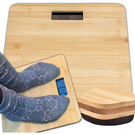Bilancia elettronica da bagno in bambù, portata fino a 180 kg, piedini antiscivolo, display LCD.