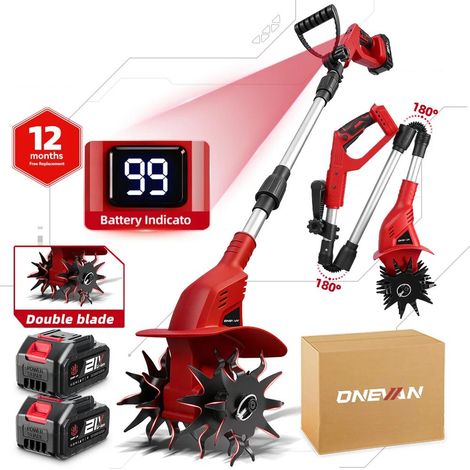 Motoculteur de jardin rotatif, 1600 W, motoculteur pliable, tondeuse à gazon sans fil, double lame, comprend deux batteries Makita. (1/5)
