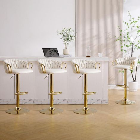 Barhocker 4er Set höhenverstellbar 360° drehbar Samt geflochtene Rückenlehne goldene Fußstütze Weiß Cream (1/5)