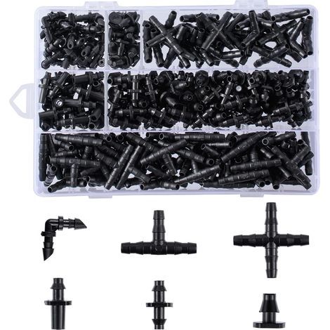 Set mit 280 Schlauchverbindern für Tropfbewässerung, 6,35 mm, für Blumentöpfe, Garten, Rasen (einzelne gerade Spitzen, T-Spitzen, Winkel, Endkappe, 4-Wege-Verbinder) (1/5)