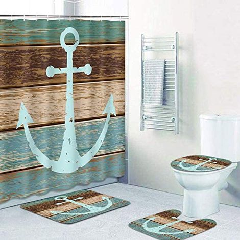 Ship Beach 4 Piece Anchor Shower Curtain Set Wooden Planks Bathroom Set with Non-Slip Mat Toilet Lid Cover Bath Mat and 12 Hooks 72" x 72" (1/4)