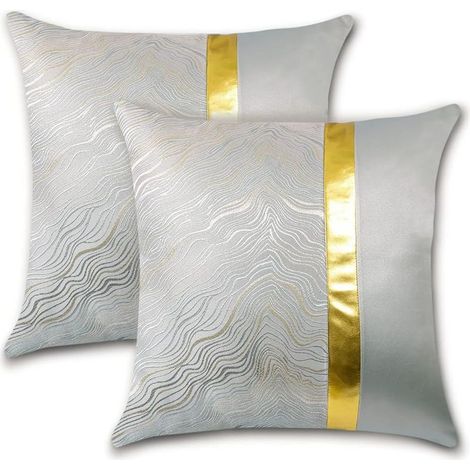 2 taies d'oreiller 45x45cm, housse de coussin décorative en polyester, fermeture éclair cachée, motif estampé or, gris (1/5)