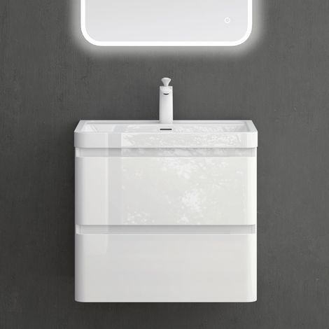 Mai & Mai Meuble de Salle de Bain Suspendu 60x42x55cm avec 2 Tiroirs et Lavabo Meuble Sous Lavabo Blanc Lucca