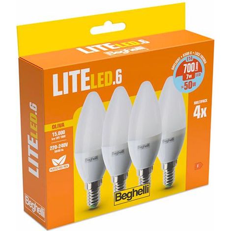 LAMPADA LED CF.4PZ OLIVA E14 7W 3000K """BEGHELLI LITE LED 58043"""