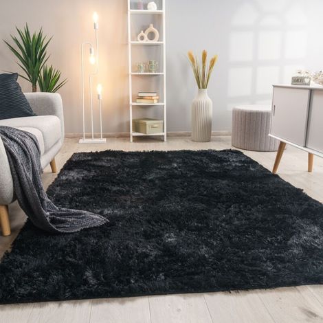 Tapis De Salon Poils Longs Fausse Fourrure Shaggy Moelleux Monochrome 80x150 cm, Noir (1/4)