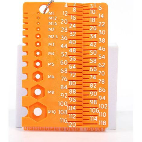 Outil de mesure de vis métriques et jauge de taille de boulon, diamètre de M2 à M12 et longueur de 4mm à 80mm, outil de mesure 2-en-1 portable, couleurs orange, blanc et rouge. (1/5)