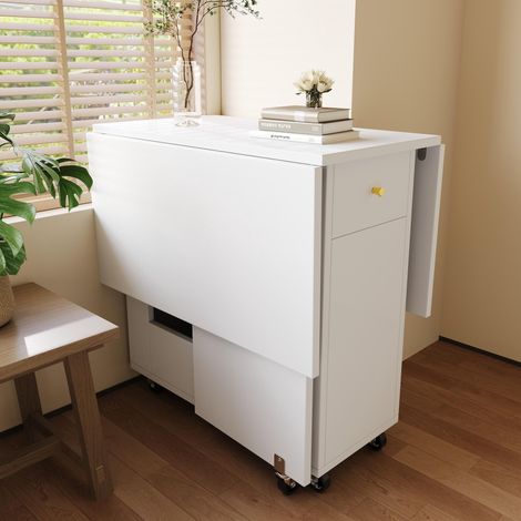 Klappbarer Esstisch (120 x 75 x 75 cm), mobile Küchenarbeitsfläche, für 2-4 Personen, mit offenem Stauraum, 2 Schubladen, bremsbaren Rollen, ideal für Küche, Wohnzimmer, Esszimmer, Weiß (1/5)