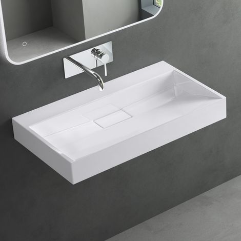Mai & Mai Lavabo Salle de Bains Vasque Suspendu Blanc 70x46x11cm Vasque à Poser Rectangulaire sans Perçage Col19