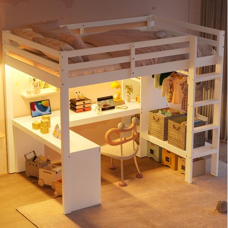 Letto a soppalco per bambini in legno 90x200 cm con scrivania integrata, LED, USB e vano contenitore, bianco (1/5)