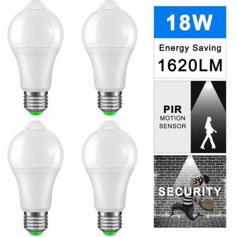 Ampoule Detecteur de Mouvement,18W E27 Ampoule LED Capteur PIR Infrarouge, Auto On/Off, Eclairage pour Escalier, Garage. (4 PACK) (1/4)