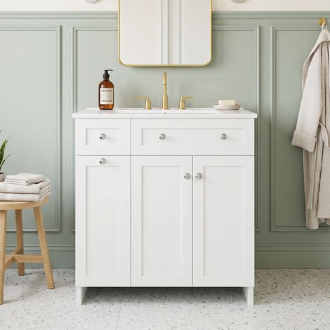 URBAN MEUBLE Mobile lavabo in ceramica, finitura laccata bianca, vano contenitore ottimizzato, chiusura ammortizzata, 76x47x86 cm (rubinetto non incluso) (1/5)