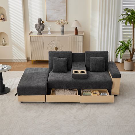 Canapé d’angle convertible 3 places 217x110x90cm avec coffre 2 tiroirs dossier 3 positions et porte-gobelet en tissu chenille gris (1/5)