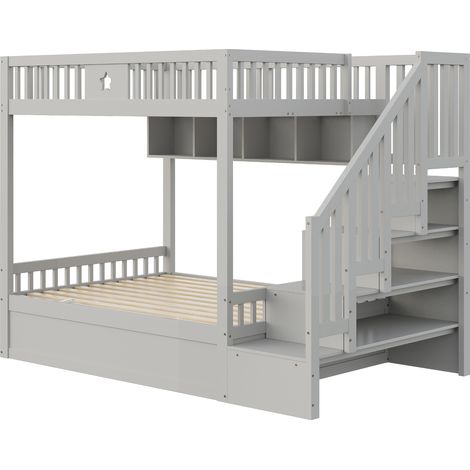 Letto a soppalco 140 x 200 cm grigio con letto inferiore idraulico, scala contenitore e ripiani (1/5)