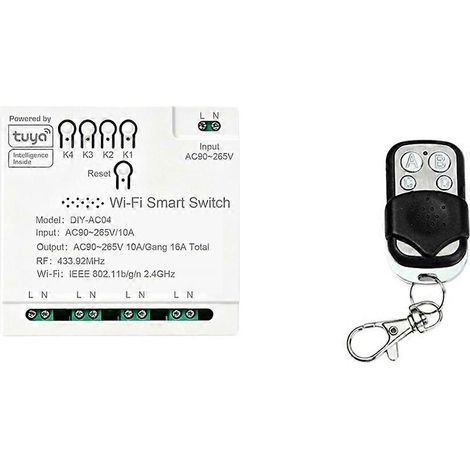 Module de commutation WiFi Tuya avec télécommande RF 4 canaux AC90-265V 16A (1/5)
