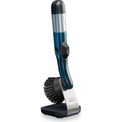 Brosse à Vaisselle Rechargeable avec Distributeur de Savon, Support de Rangement, Grattoir à Poêle, Plateau en Acier Inoxydable (1/5)