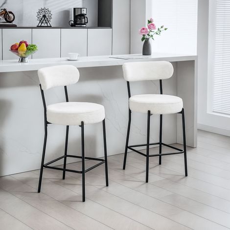 Lot de 2 tabourets de bar en tissu bouclette – Dossier incurvé et assise matelassée – Repose-pieds intégré – Pieds en acier – 49x52x95cm
