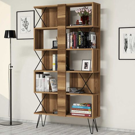 Bücherregal Campagna, Bibliothek 10 Regale, Freistehend, Vertikale Struktur, 90x22x167h cm Nussbaum Braun (1/5)