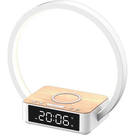 Lampe de chevet LED avec fonction de charge 10W, Lampe de Réveil Tactile Dimmable avec 3 Niveaux de Luminosité, Veilleuse Chaude avec Chargeur Sans Fil, Réveil Lumineux, Bois (1/5)