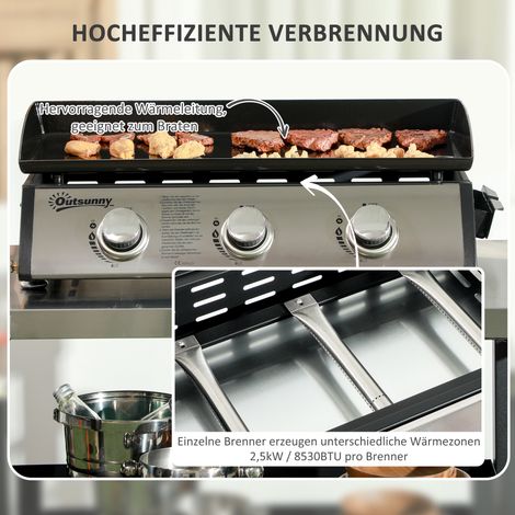 Grill à gaz avec couvercle, 3 brûleurs, bac récupérateur de graisse, plaque antiadhésive, 63x47x25 cm, Noir/Argent (1/5)