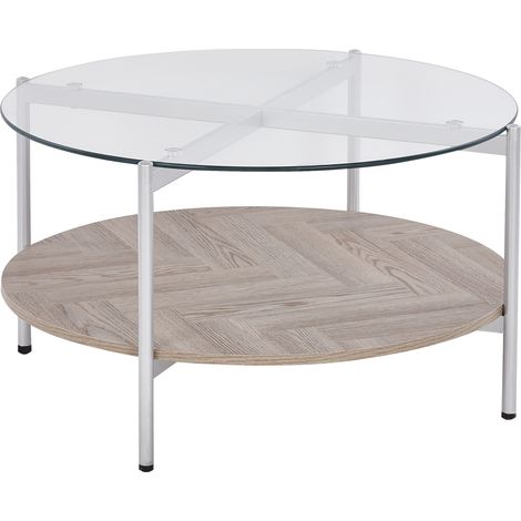 Mesa de centro moderna tablero de vidrio templado estructura de metal 1 estante madera clara plateado Lovell