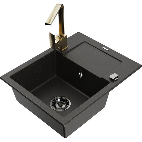 Mexen Enzo lavello in granito a 1 vasca con scolapiatti e miscelatore da cucina Rita, nero/oro metallico - 6506-75-670300-50-B (1/5)