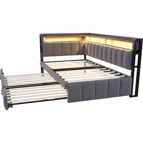 Polsterbett Schlafsofa 90x200 cm mit Ausziehbett, LED, USB-C, Samt Dunkelgrau (1/5)