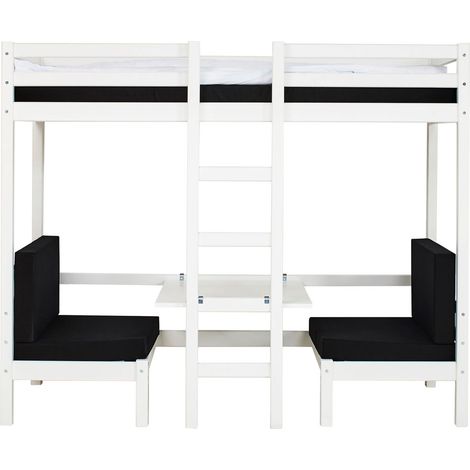 BasicJumbo Lit mezzanine avec canapé noir, bureau et sommiers à lattes inclus.