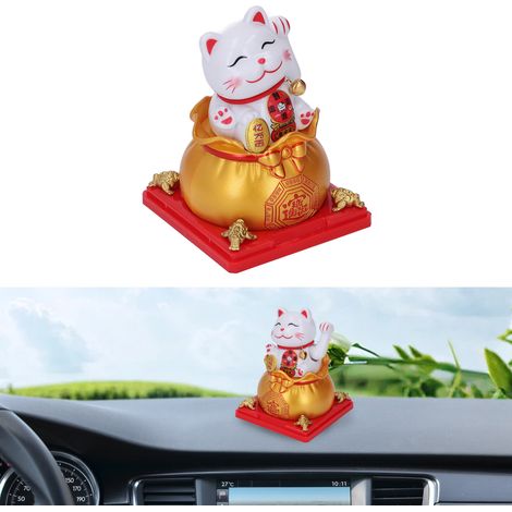 Figura de gato de la suerte, figura que saluda automáticamente, funciona con energía solar, atrae la prosperidad, mirada dorada, decoración del hogar, 7,6 x 7,8 x 10,6 cm (1/5)